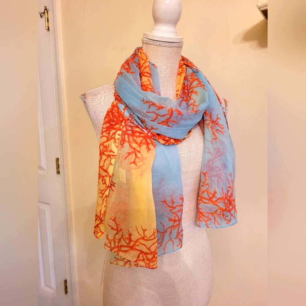 Vibrant Coral Patterned Scarf. 42"×70"